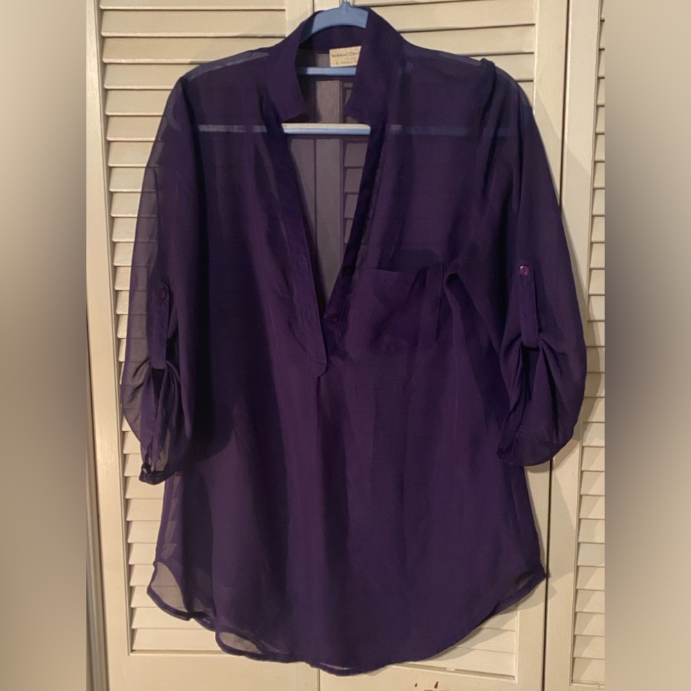 Ladies purple sheer blouse with adjustable sleeves